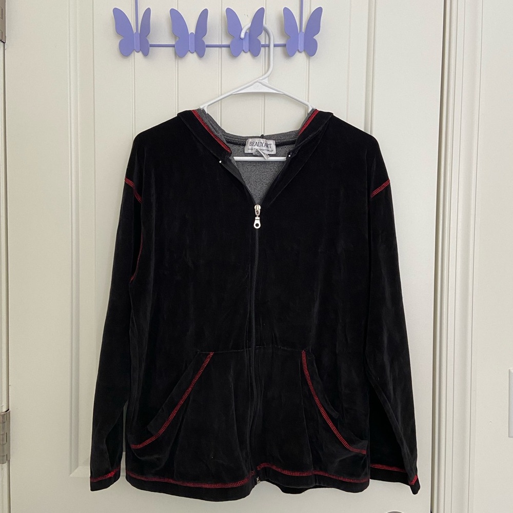 Vintage Beaux Art women’s soft black velvet red accent zip up hoodie sweatshirt‎